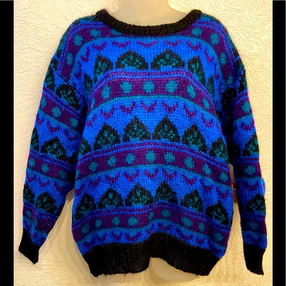 Blue Purple Green Mohair Blend Winter Ski Sweater